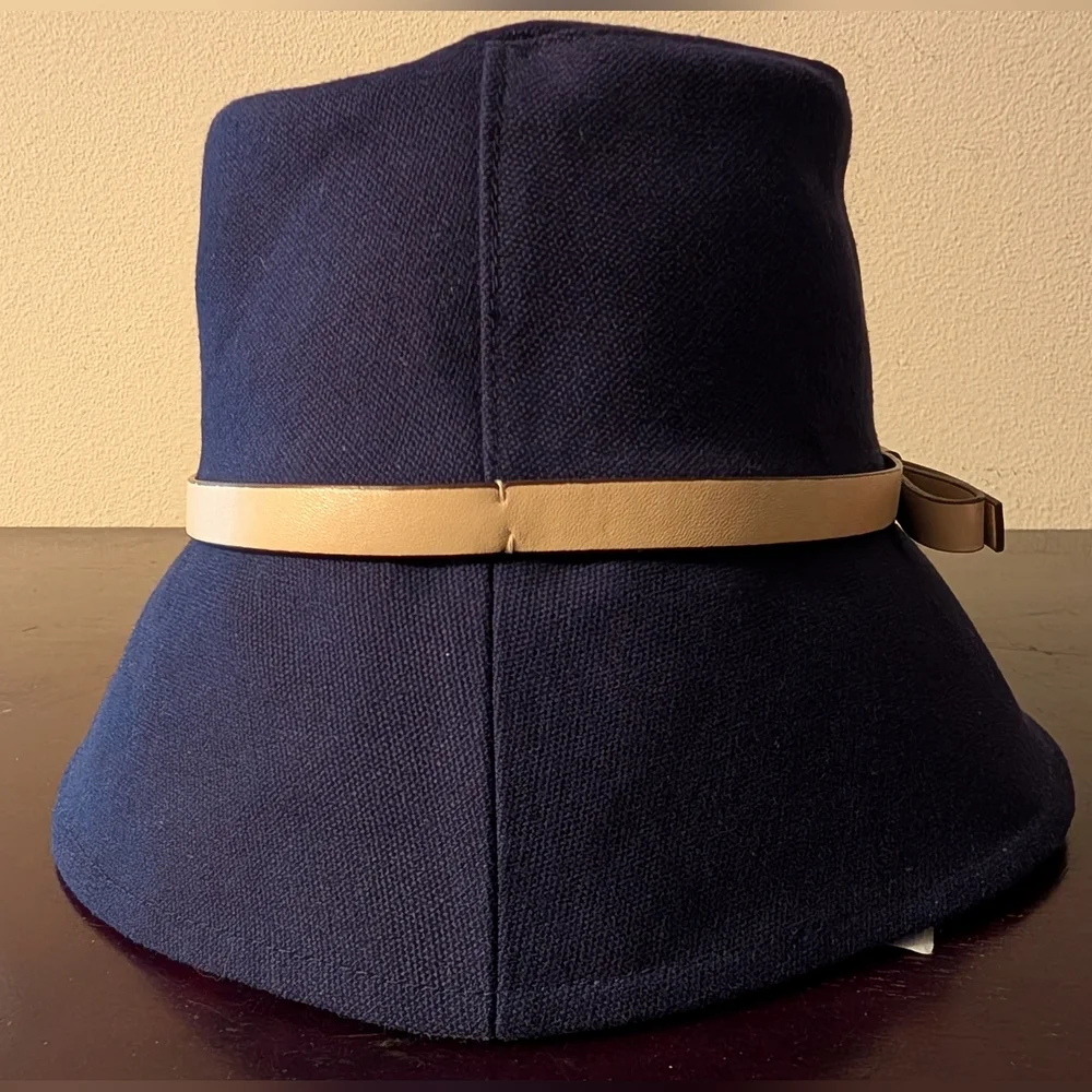 NWT Kate Spade Hats Off Bucket Hat Bonded Canvas Navy Blue Tan Leather Trim - Picture 3 of 12